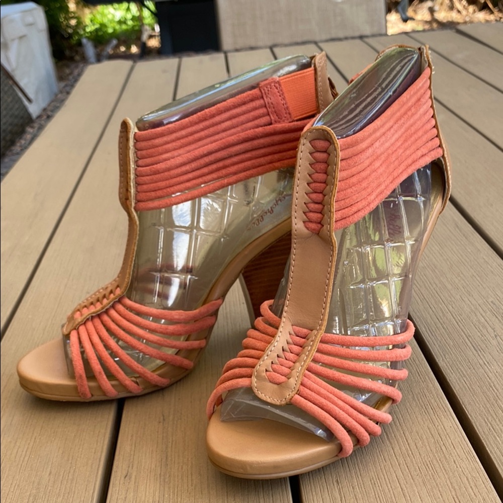 Seychelle's Strappy Heeled Sandals - Coral and Tan